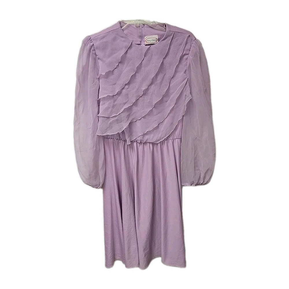 Vtg Amy-Deb Lavender Layered Ruffle Long Sleeve Chiffon Dress Womans Size 14